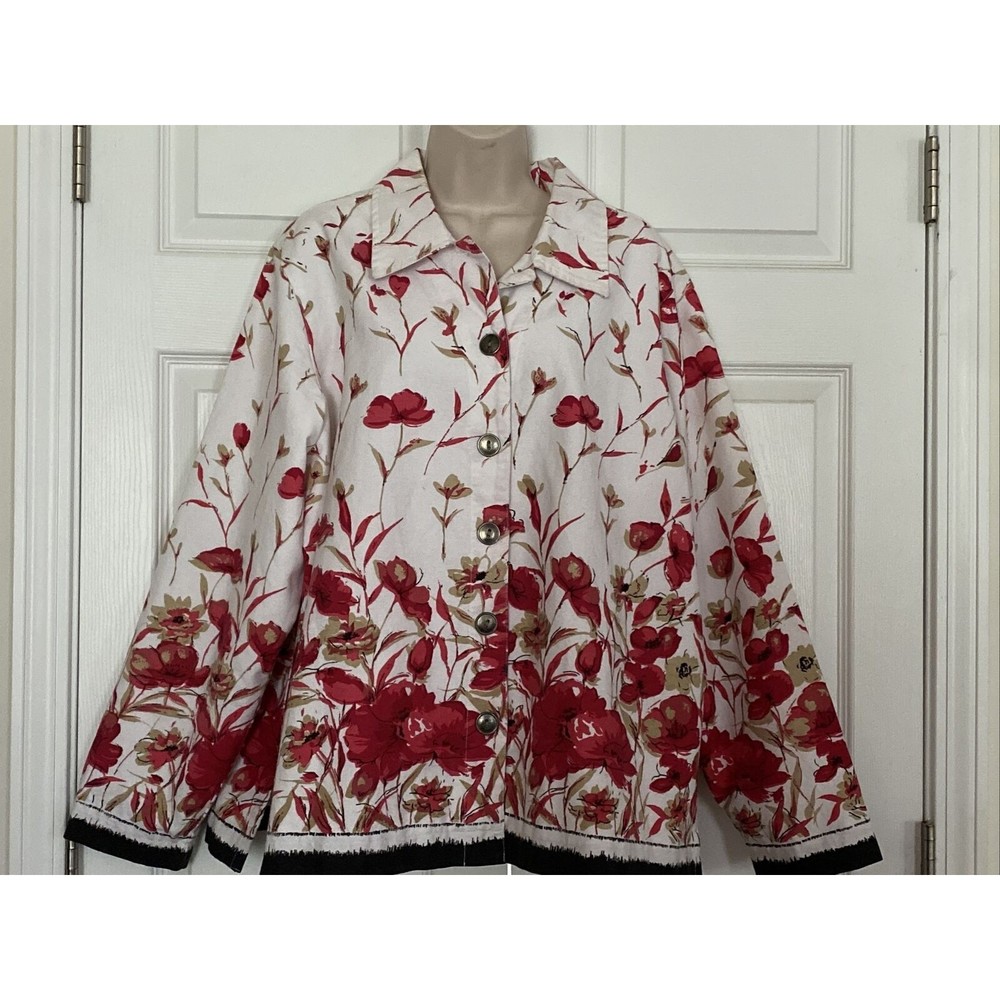 Liz Baker Woman Jacket Red Tan Floral Lined Size 2X Large Button Front C…
